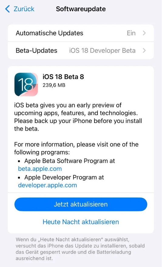 三伏潭镇苹果手机维修分享苹果 iOS / iPadOS 18 开发者预览版 Beta 8 发布 